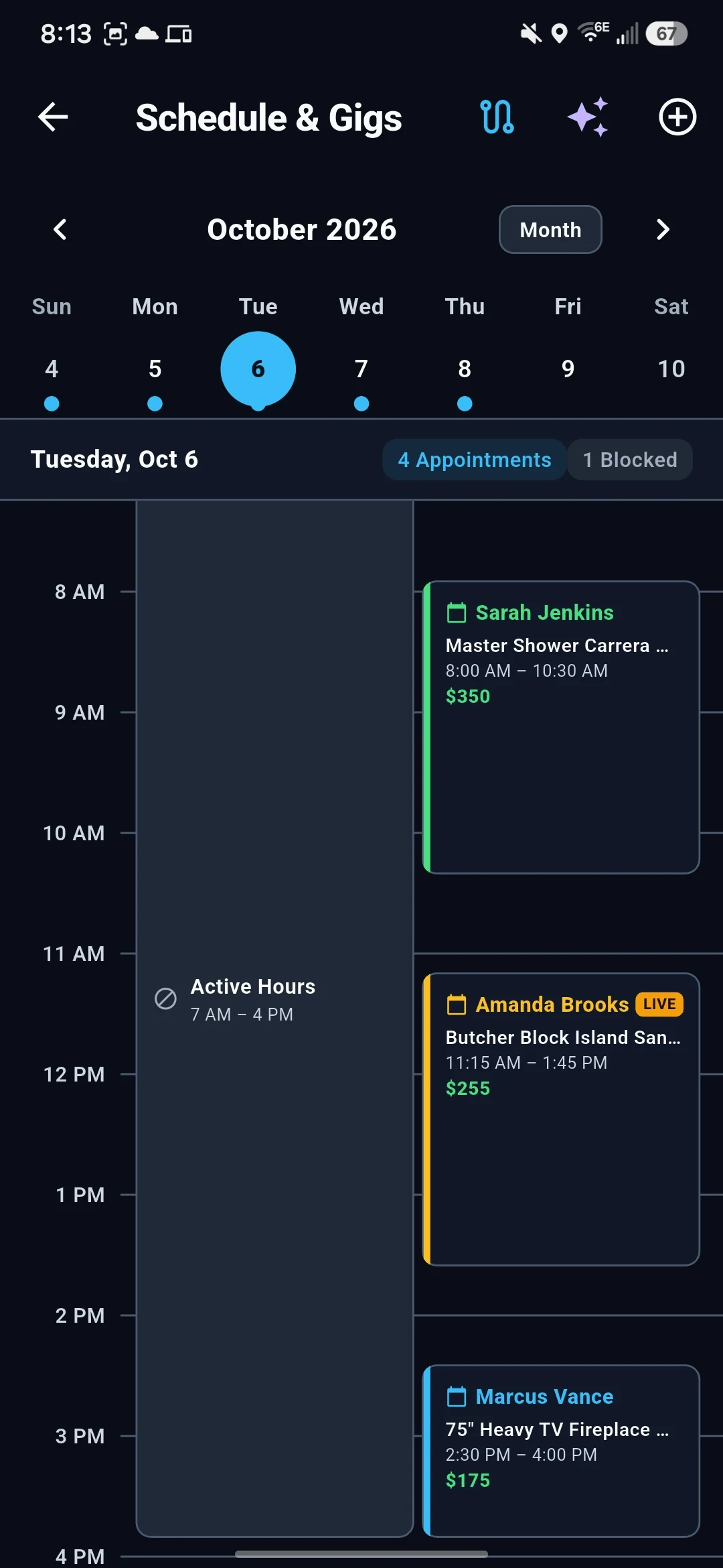GigHerald Schedule Timeline showing hourly job blocks, route spacing, and active work hours