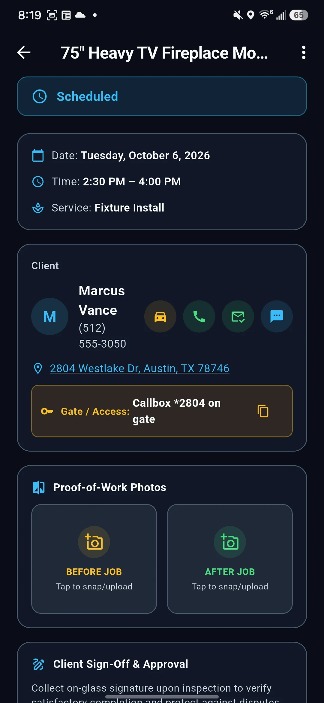 Marcus Vance Job Details with gate code memory, 1-tap call/text, checklists, and $125 balance due