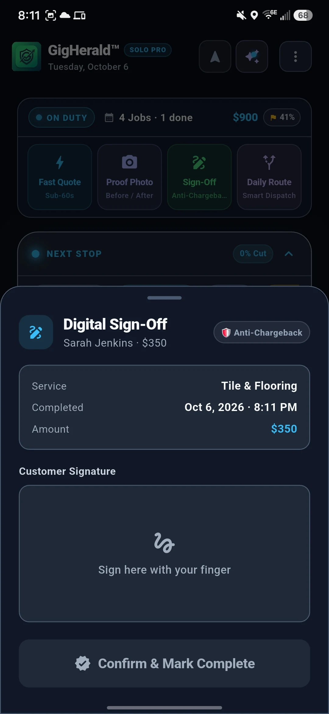 GigHerald In-Person Digital Sign-Off Sheet with Anti-Chargeback guarantee, scope acceptance, and client signature pad