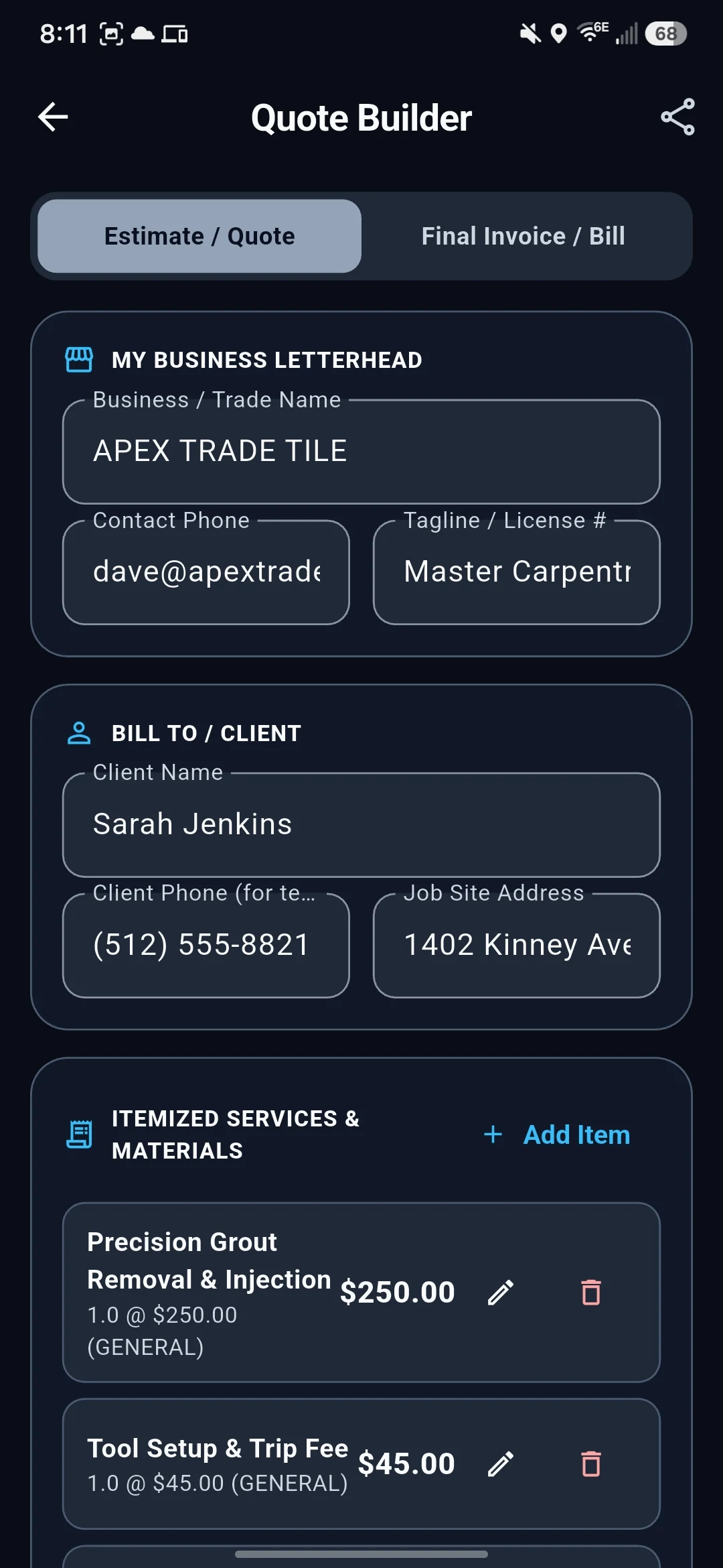 GigHerald Quote & Estimate Builder with Trade Letterhead and upfront deposit control