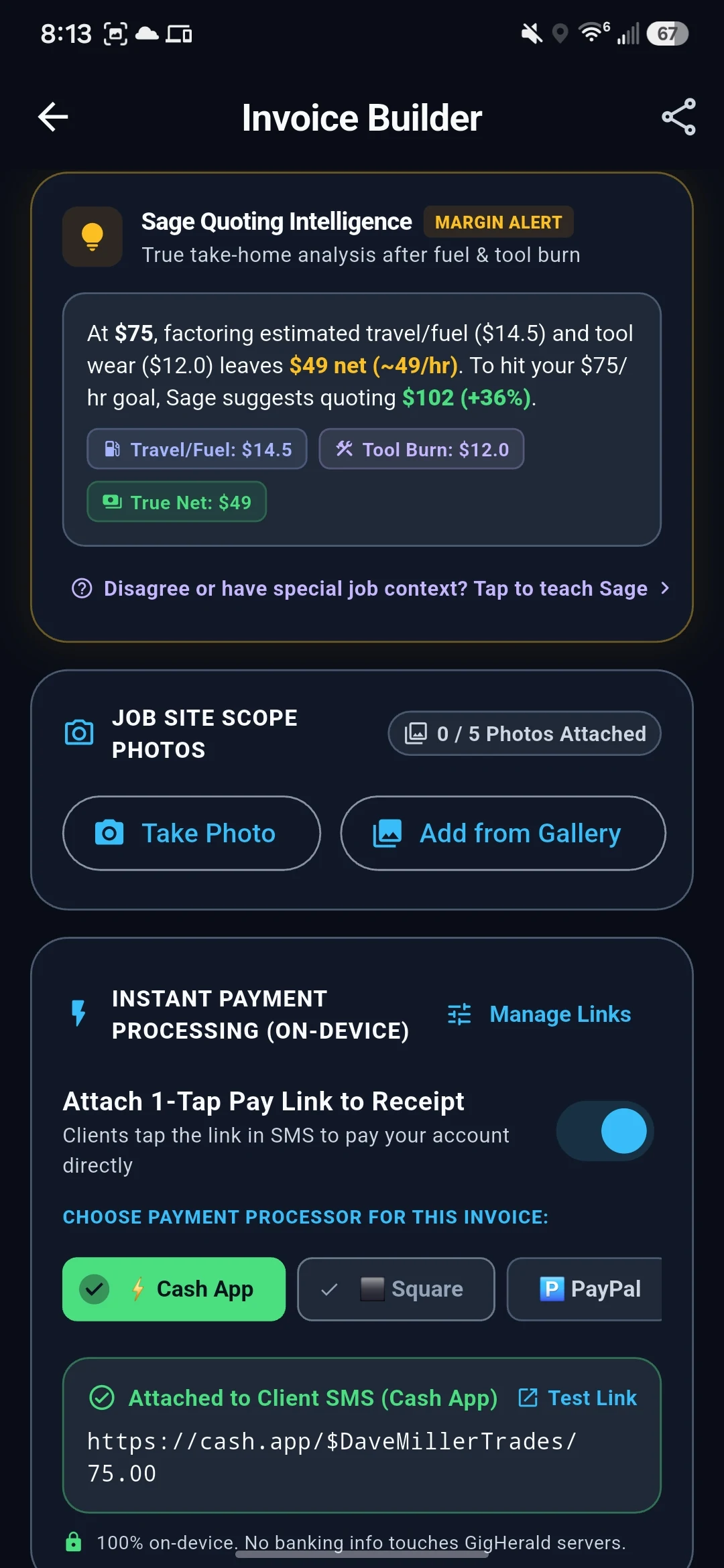 GigHerald Invoice and Sage Quoting Intelligence warning about profit margin, 0/5 photo scope, and direct payment links