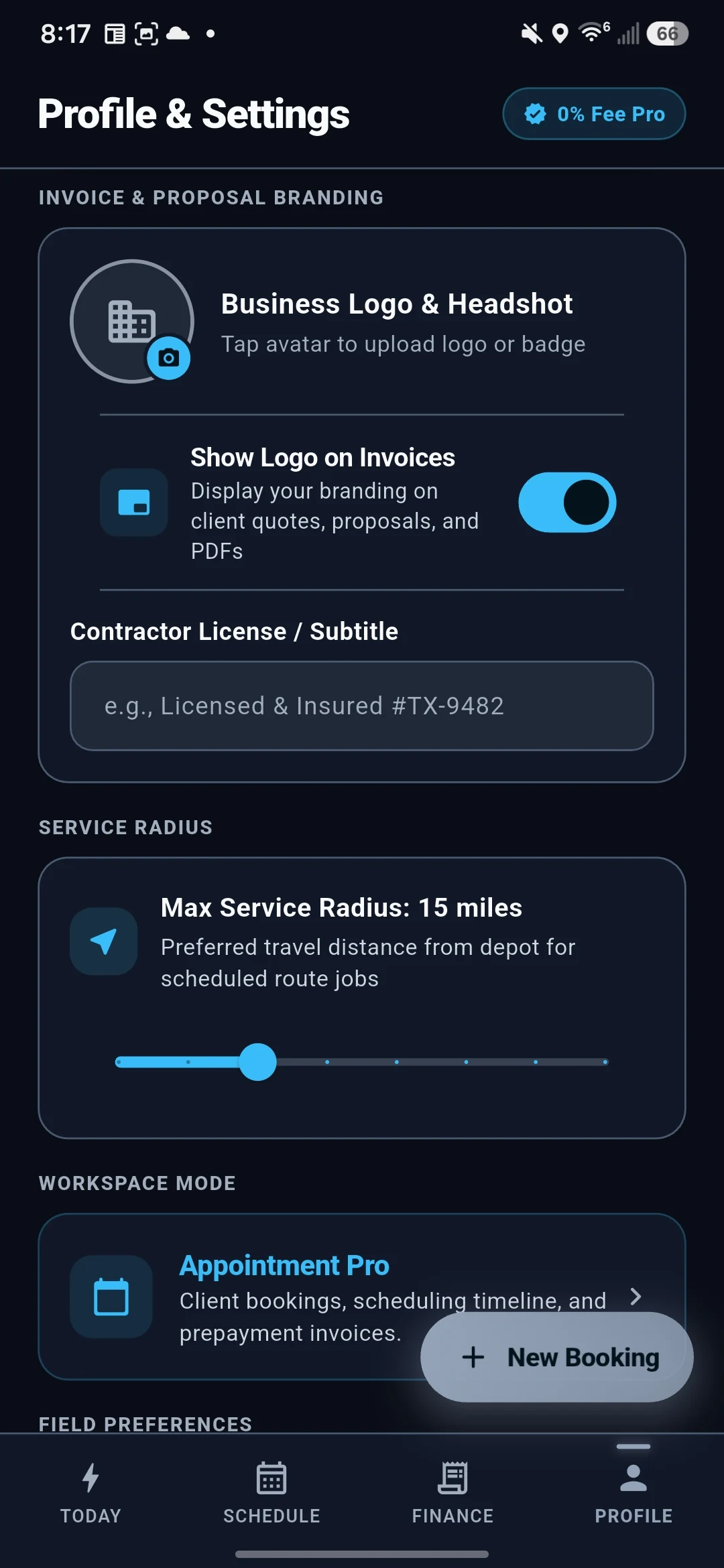 Custom 5 to 40 mile service territory radius slider in profile settings