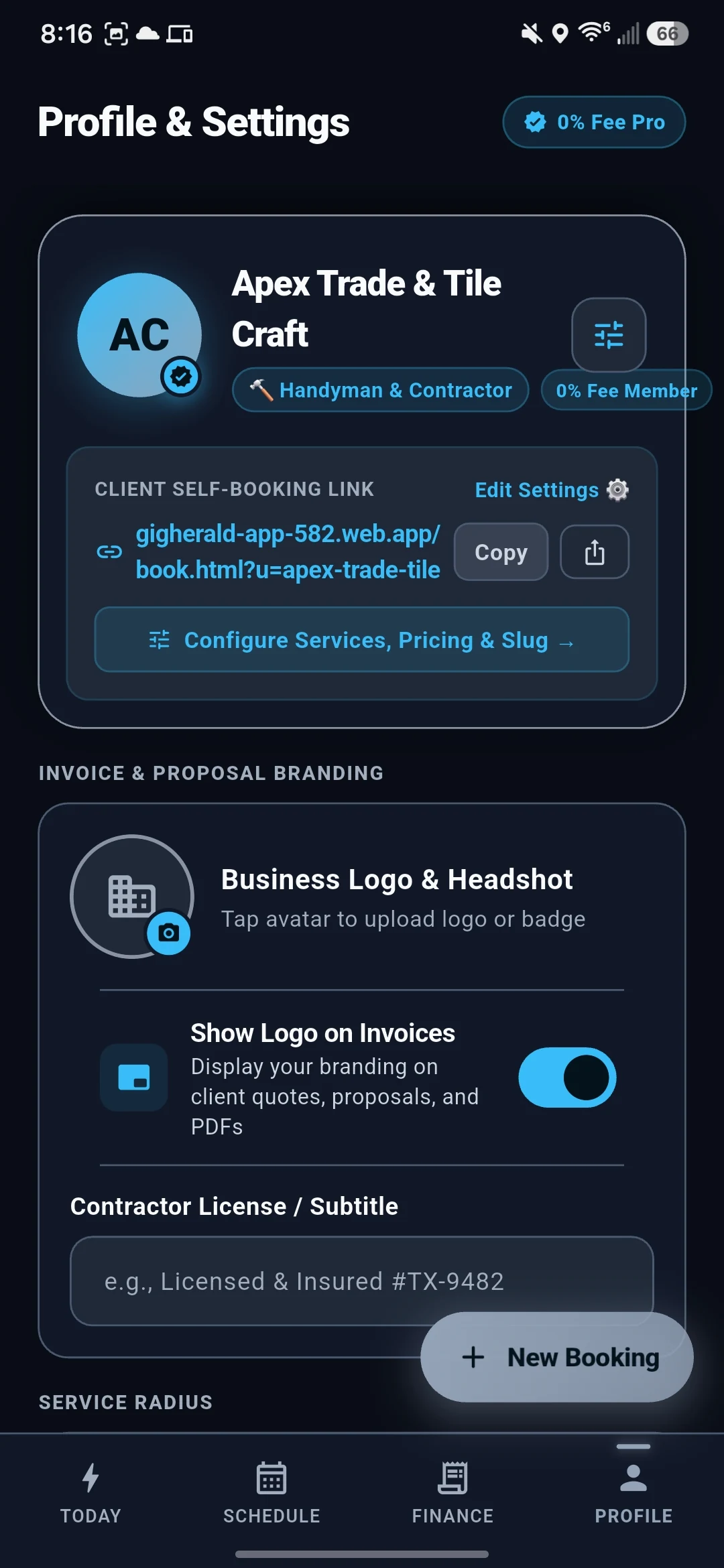 Profile setup with public booking handle and business address