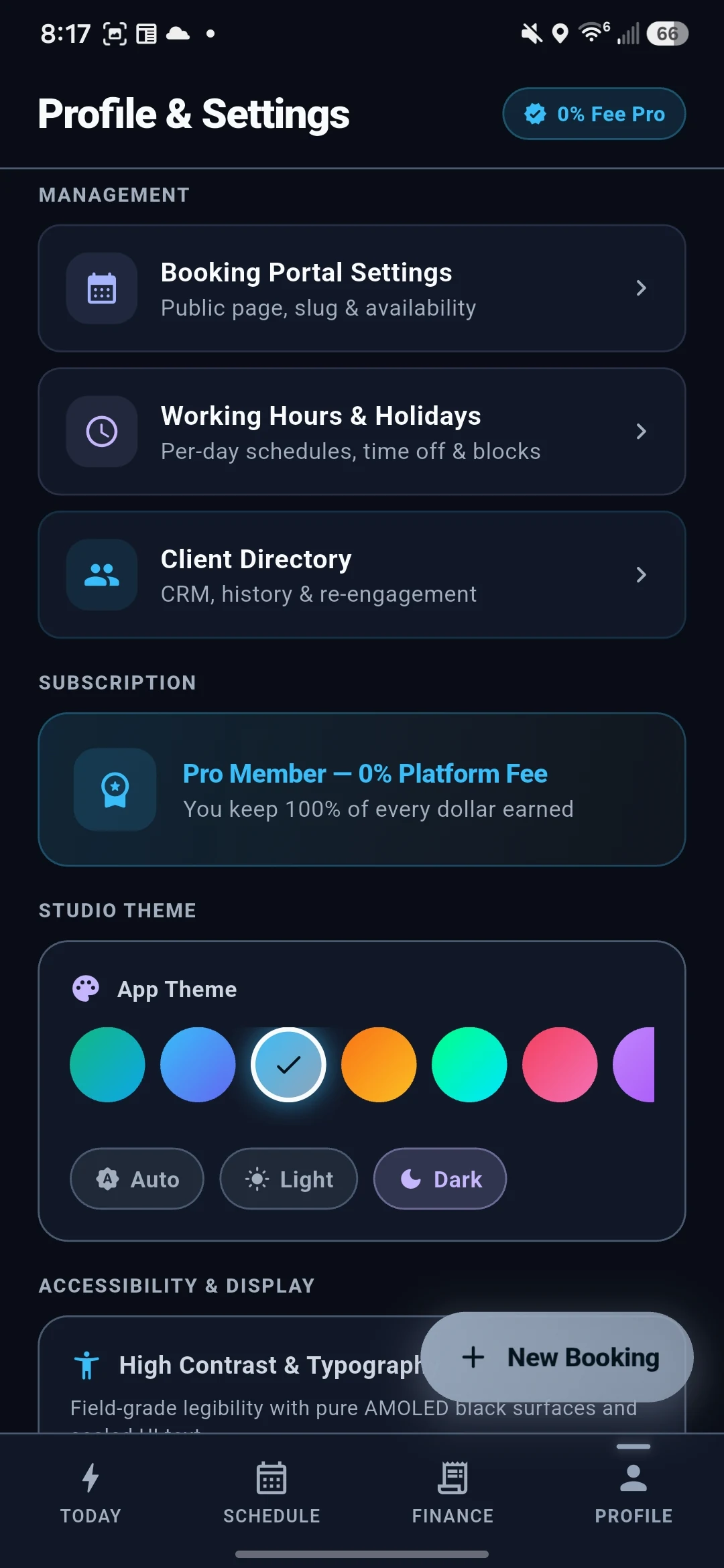 11 Studio themes palette grid showing Modern Cockpit, Midnight Pro, Slate Titanium, and custom presets