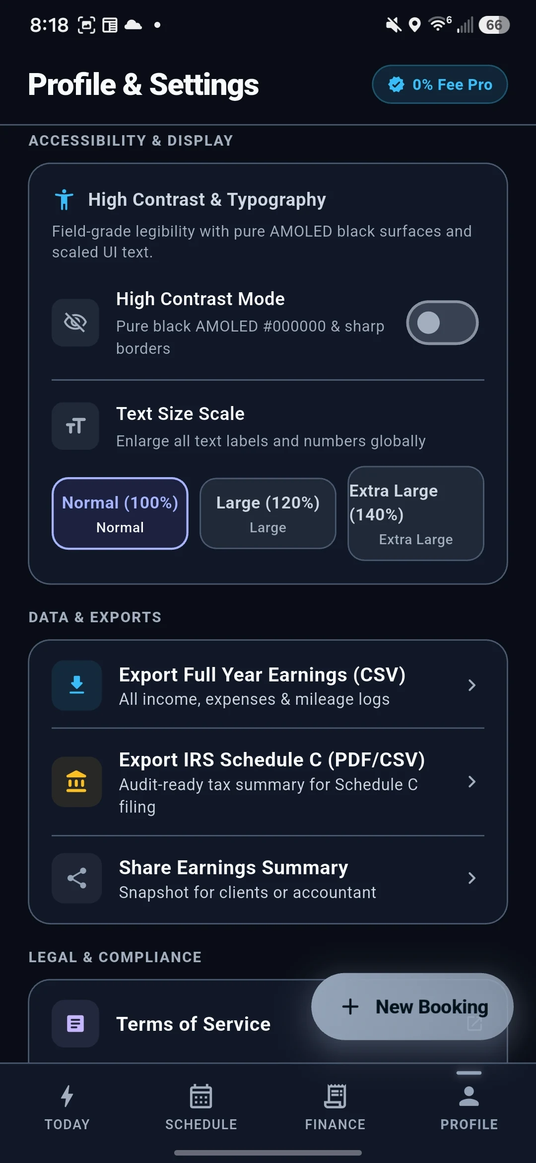 Sunlight High-Contrast AMOLED toggle and CPA CSV/PDF export buttons