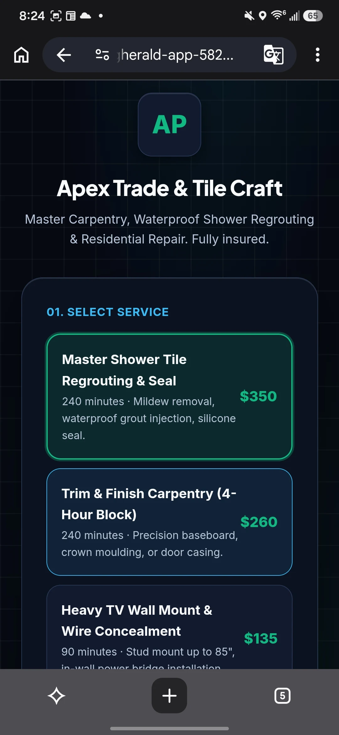 Client Booking Portal Service Selection on Mobile Chrome