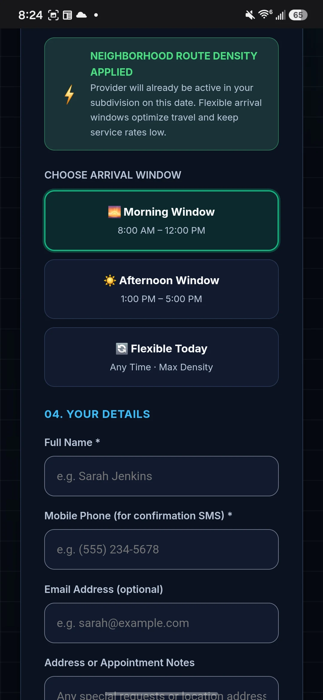 Client Portal Arrival Window Selection